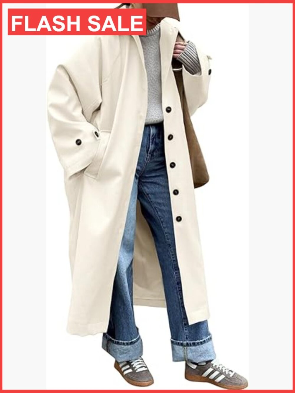 Single Breasted Oversized Trench Coat Long Windproof Classic Lapel